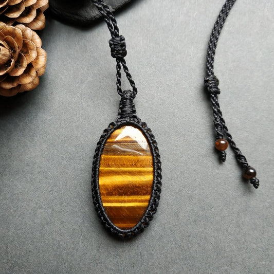 Yellow Tiger's Eye Macrame Necklace | Pendant size approx 5 cm
