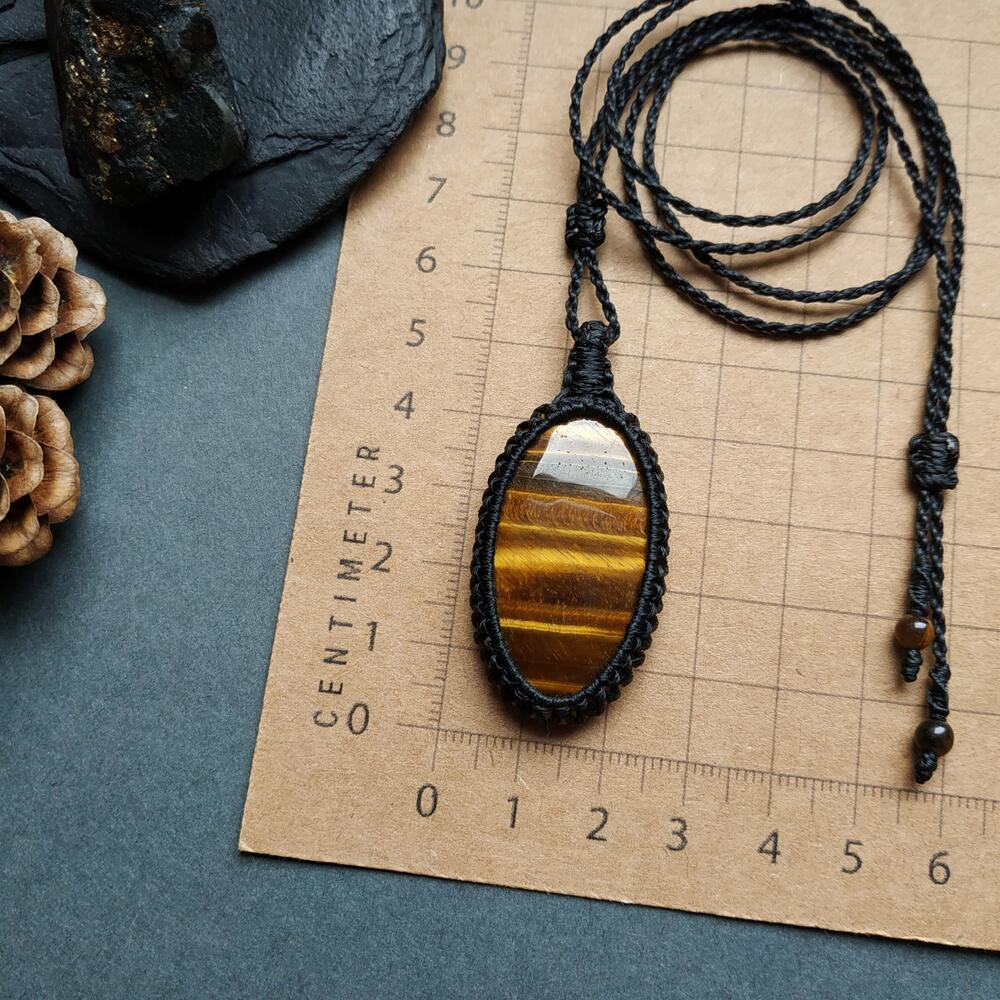 Yellow Tiger's Eye Macrame Necklace | Pendant size approx 5 cm