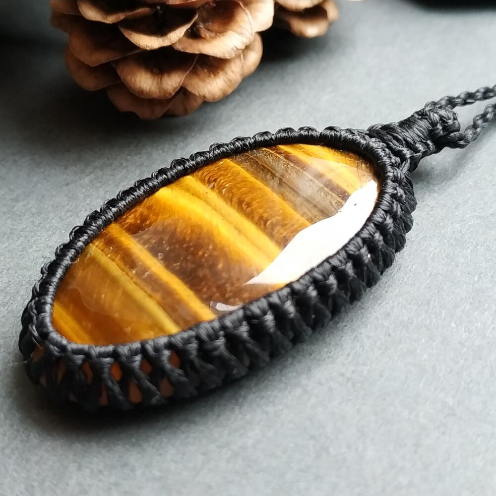 Yellow Tiger's Eye Macrame Necklace | Pendant size approx 5 cm