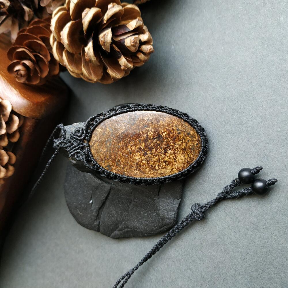 Bronzite Macrame Necklace | Pendant size approx 6.4 cm