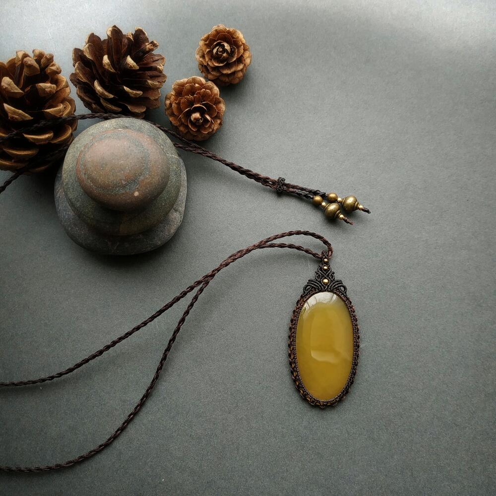Yellow Chalcedony Macrame Necklace | Pendant size approx 6.5 cm