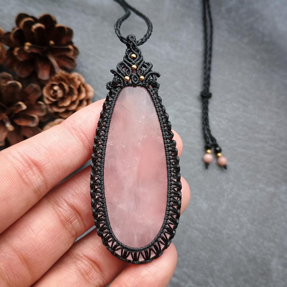 Rose Quartz Macrame Necklace | Pendant size approx 7.5 cm