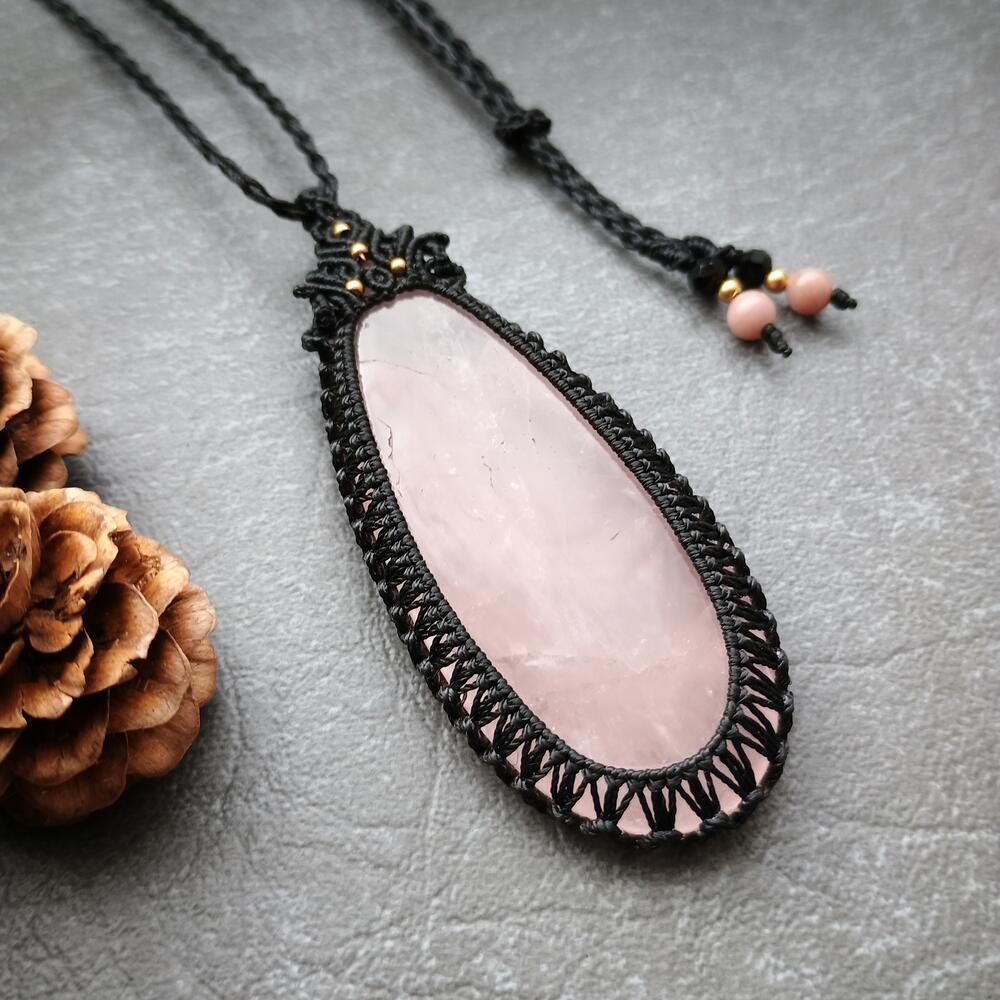 Rose Quartz Macrame Necklace | Pendant size approx 7.5 cm