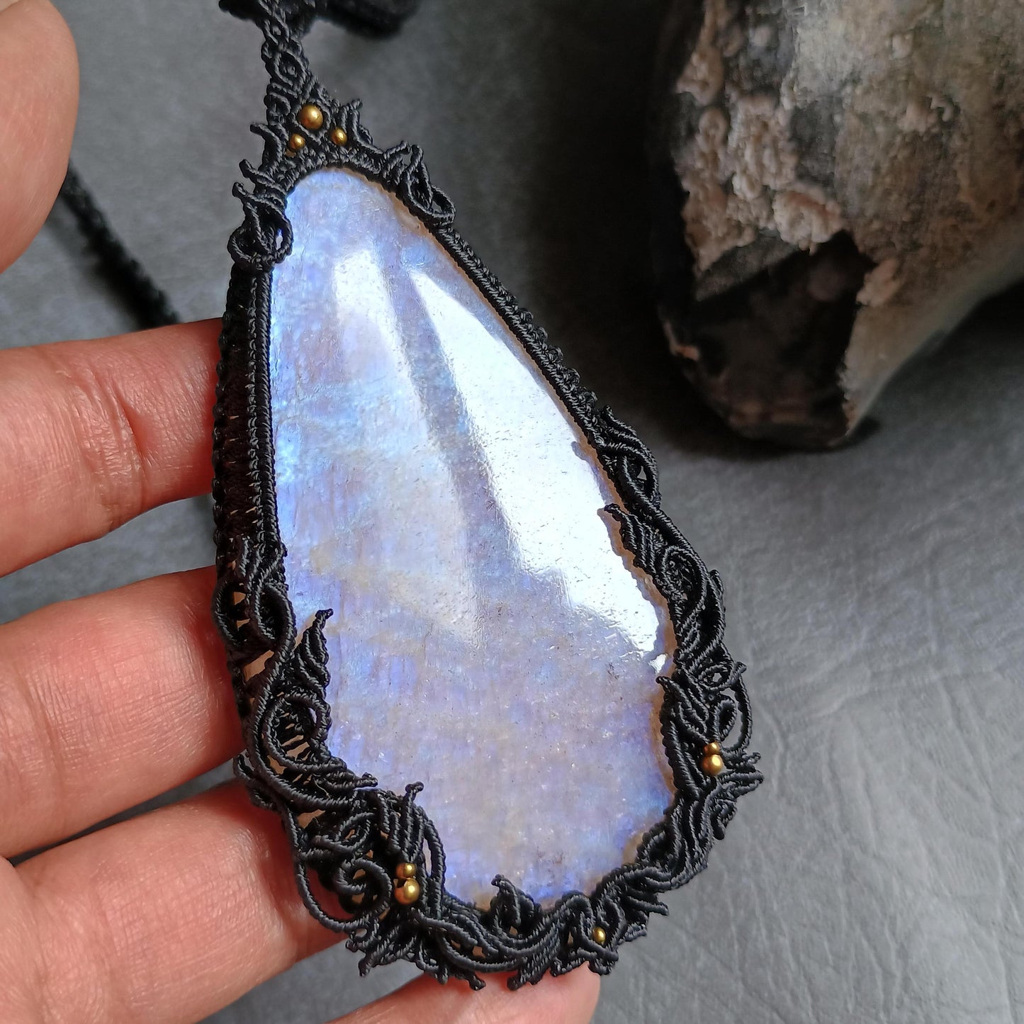 Moonstone Macrame Necklace | Freehand Design | Pendant size approx 10.5 cm