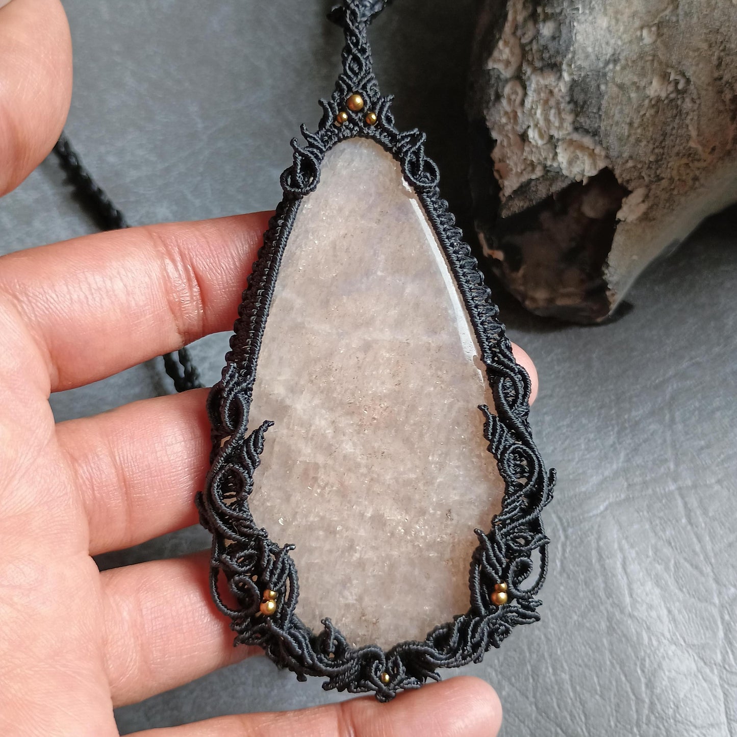 Moonstone Macrame Necklace | Freehand Design | Pendant size approx 10.5 cm