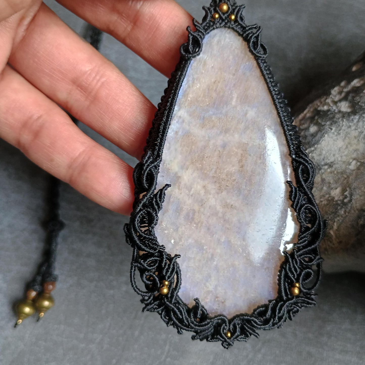 Moonstone Macrame Necklace | Freehand Design | Pendant size approx 10.5 cm
