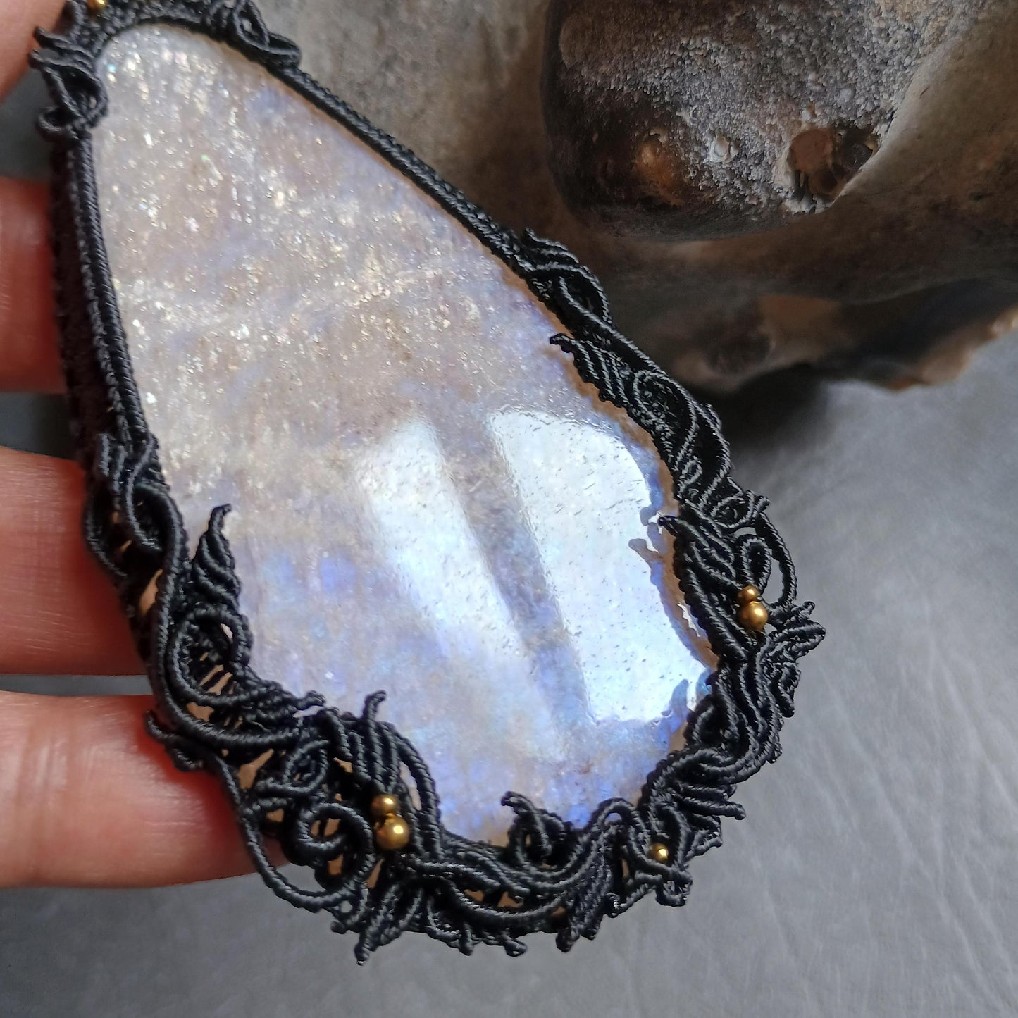 Moonstone Macrame Necklace | Freehand Design | Pendant size approx 10.5 cm
