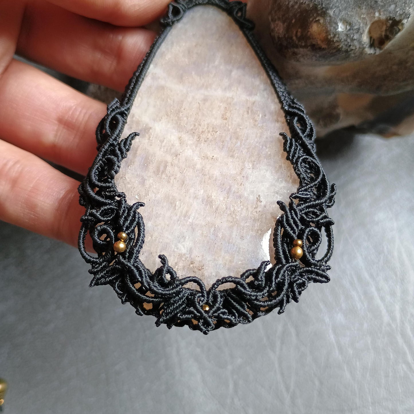 Moonstone Macrame Necklace | Freehand Design | Pendant size approx 10.5 cm