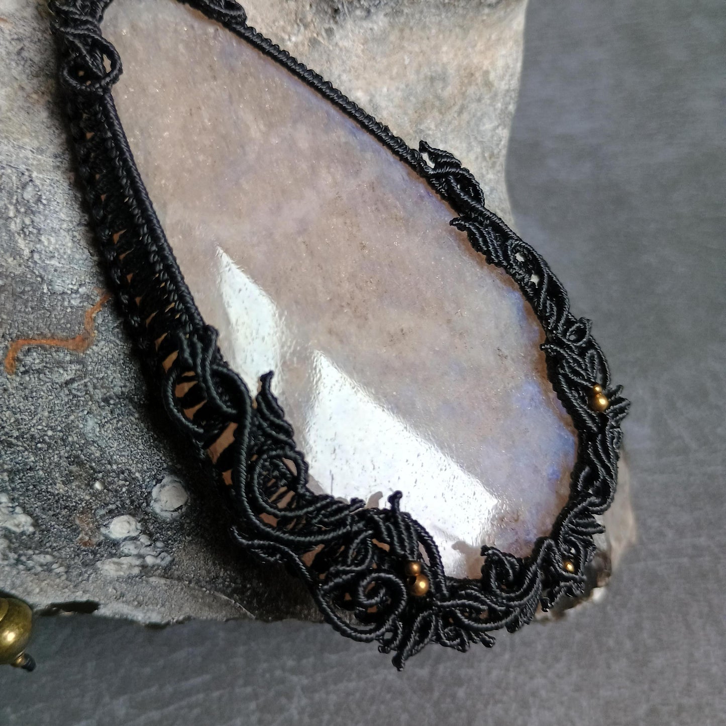 Moonstone Macrame Necklace | Freehand Design | Pendant size approx 10.5 cm