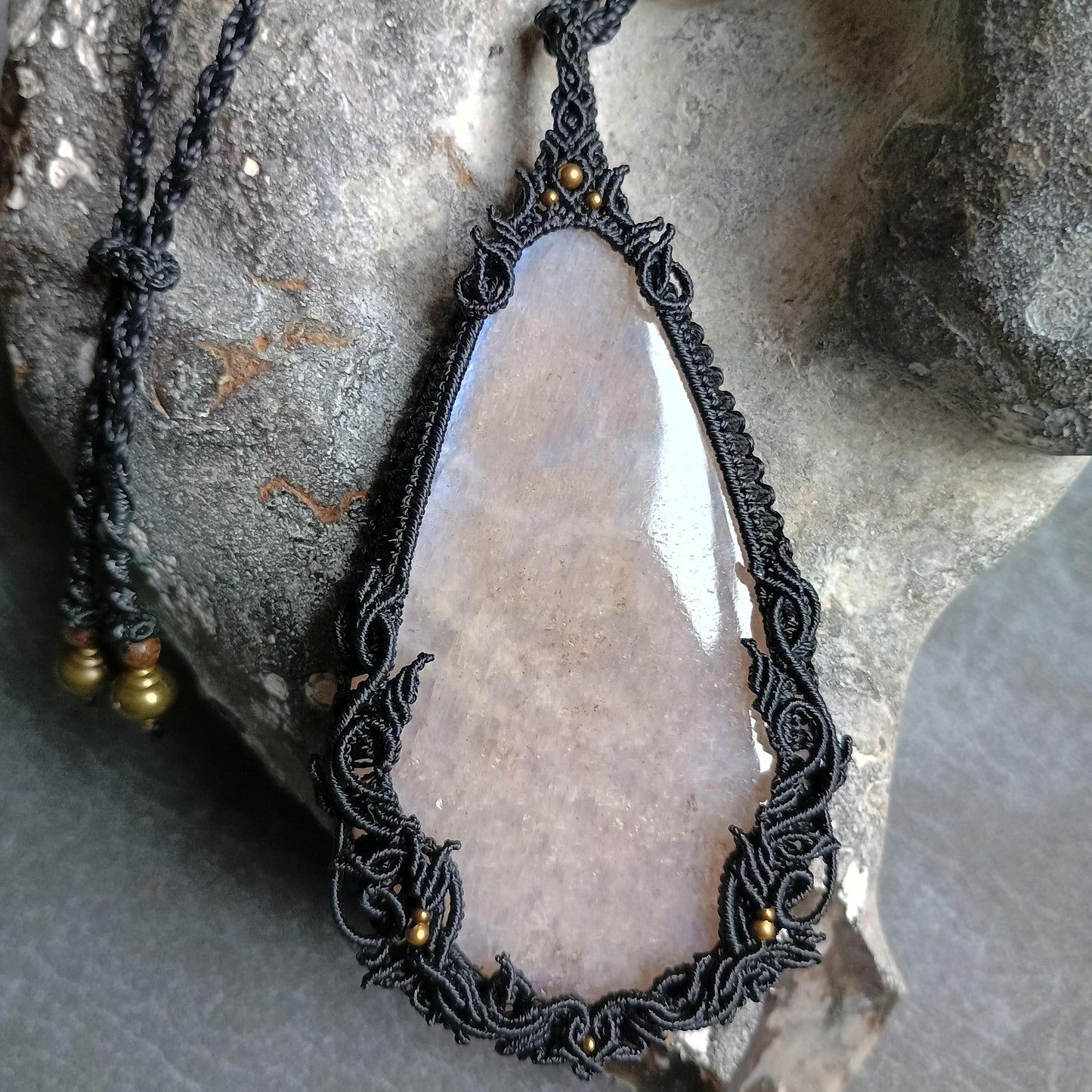 Moonstone Macrame Necklace | Freehand Design | Pendant size approx 10.5 cm