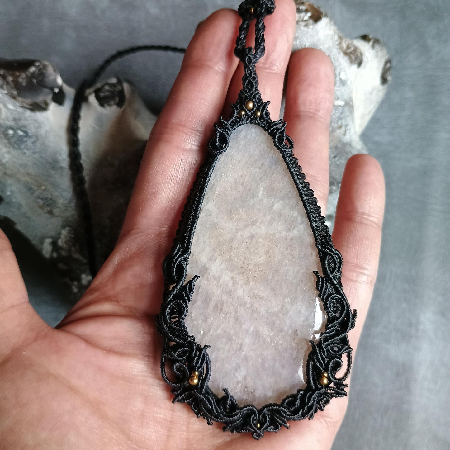 Moonstone Macrame Necklace | Freehand Design | Pendant size approx 10.5 cm