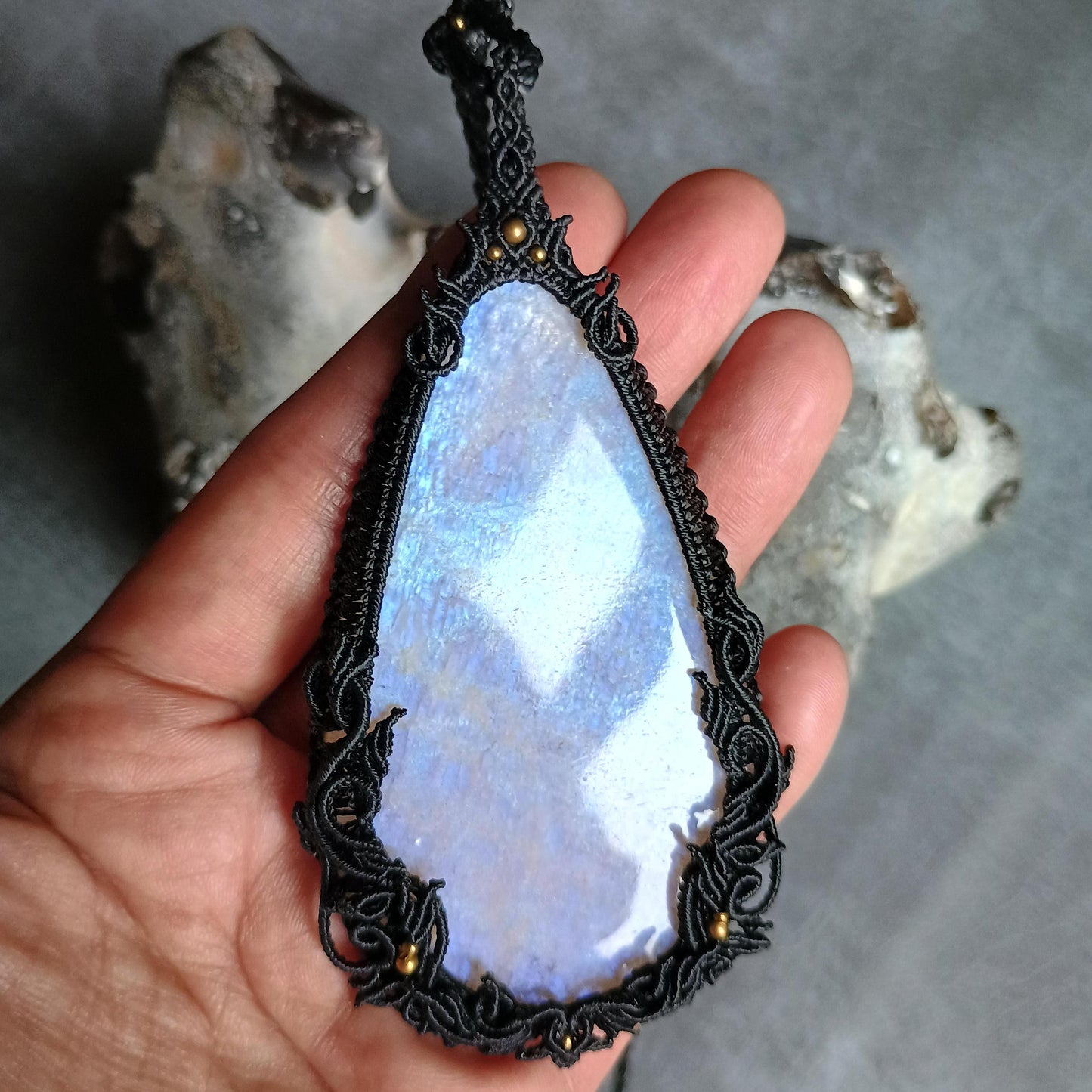 Moonstone Macrame Necklace | Freehand Design | Pendant size approx 10.5 cm