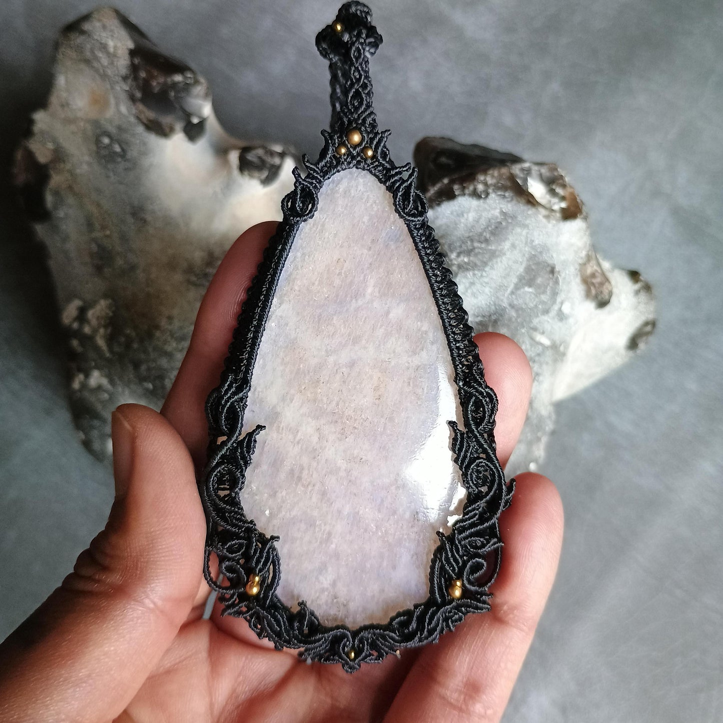 Moonstone Macrame Necklace | Freehand Design | Pendant size approx 10.5 cm