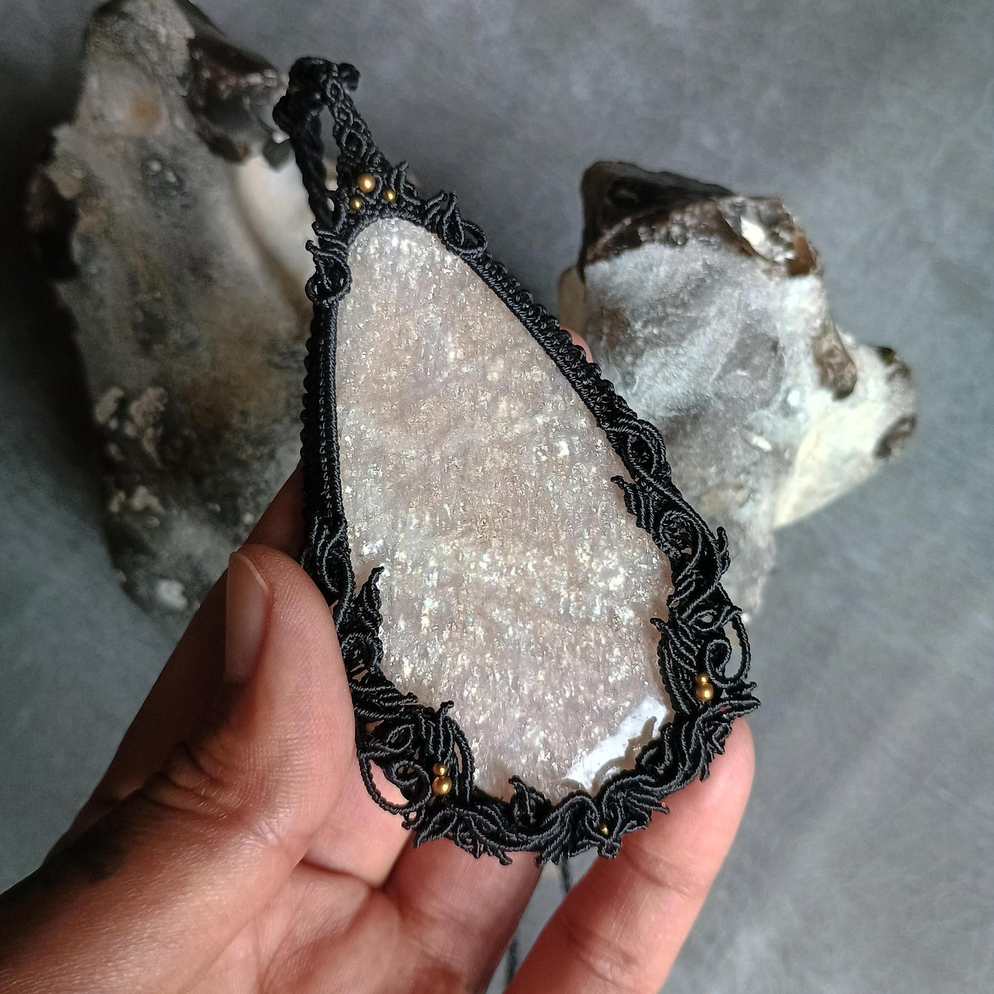 Moonstone Macrame Necklace | Freehand Design | Pendant size approx 10.5 cm
