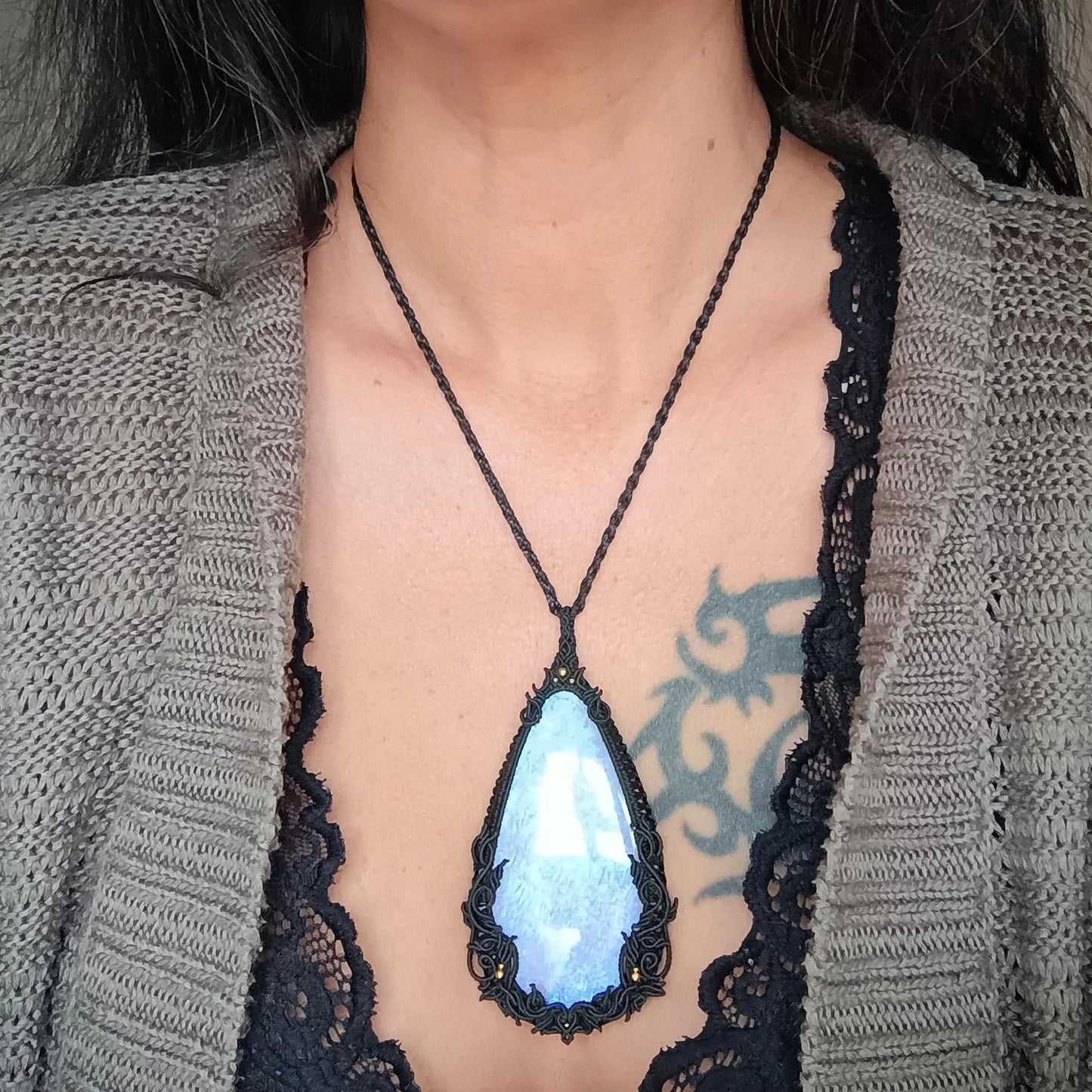 Moonstone Macrame Necklace | Freehand Design | Pendant size approx 10.5 cm