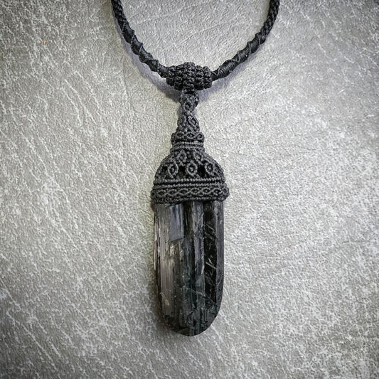 Black Tourmaline Macrame Necklace | Pendant size approx 6.8 cm