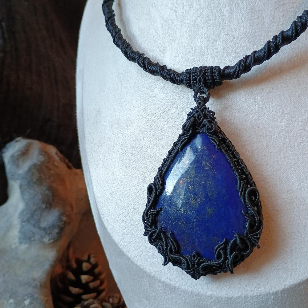 The Magic Blue | Lapis Lazuli Macrame Necklace | Freehand Design | Pendant size approx 7.4 cm