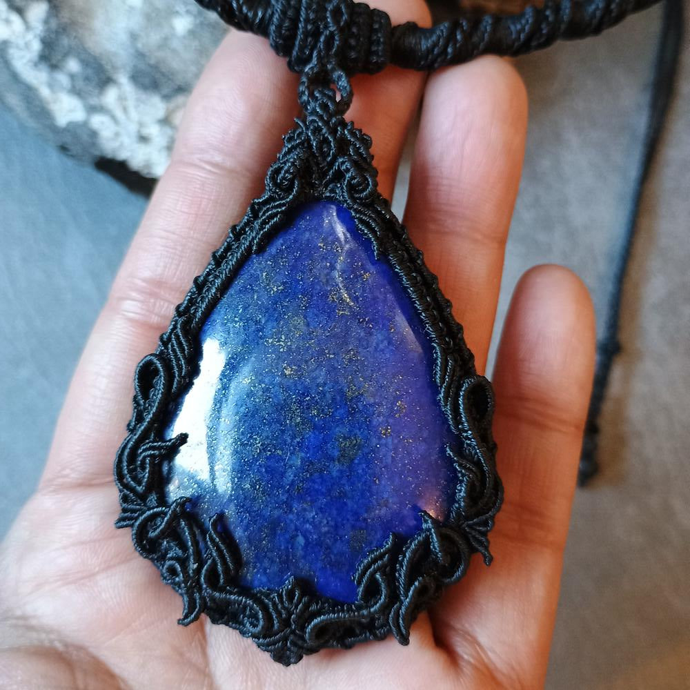 The Magic Blue | Lapis Lazuli Macrame Necklace | Freehand Design | Pendant size approx 7.4 cm