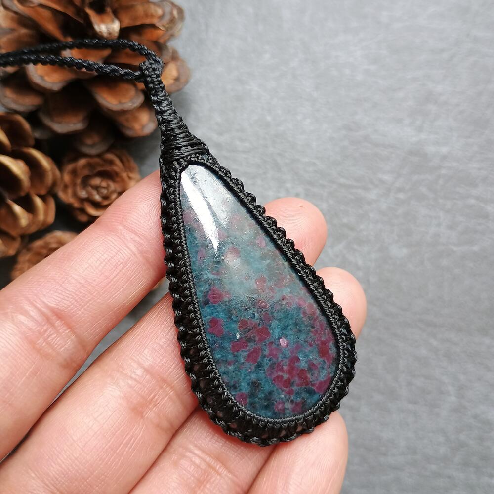 Ruby Kyanite Macrame Necklace | Pendant size approx 7.2 cm