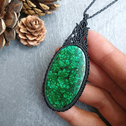 Malachite Macrame Necklace | Pendant size approx 7 cm