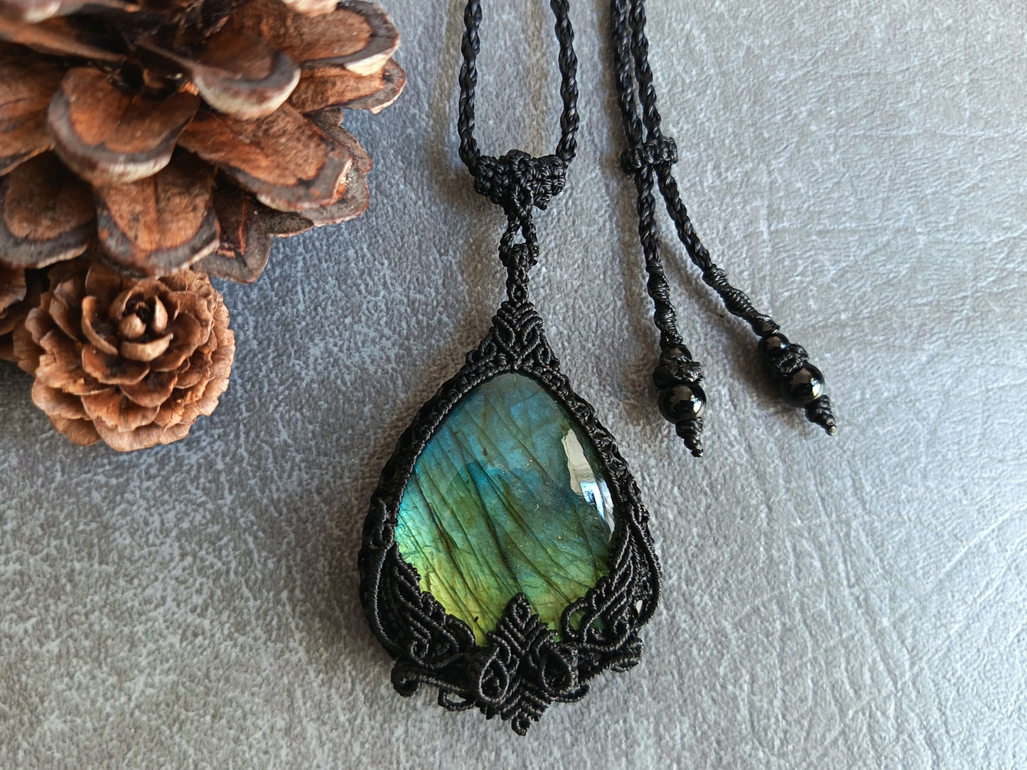Labradorite Macrame Necklace | Pendant size approx 6.5cm - Freehand Design