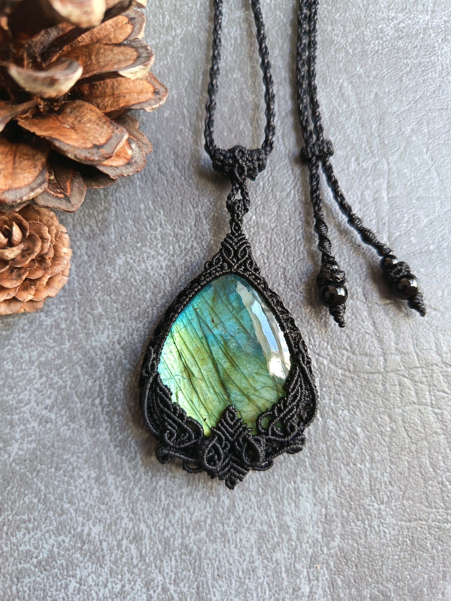 Labradorite Macrame Necklace | Pendant size approx 6.5cm - Freehand Design
