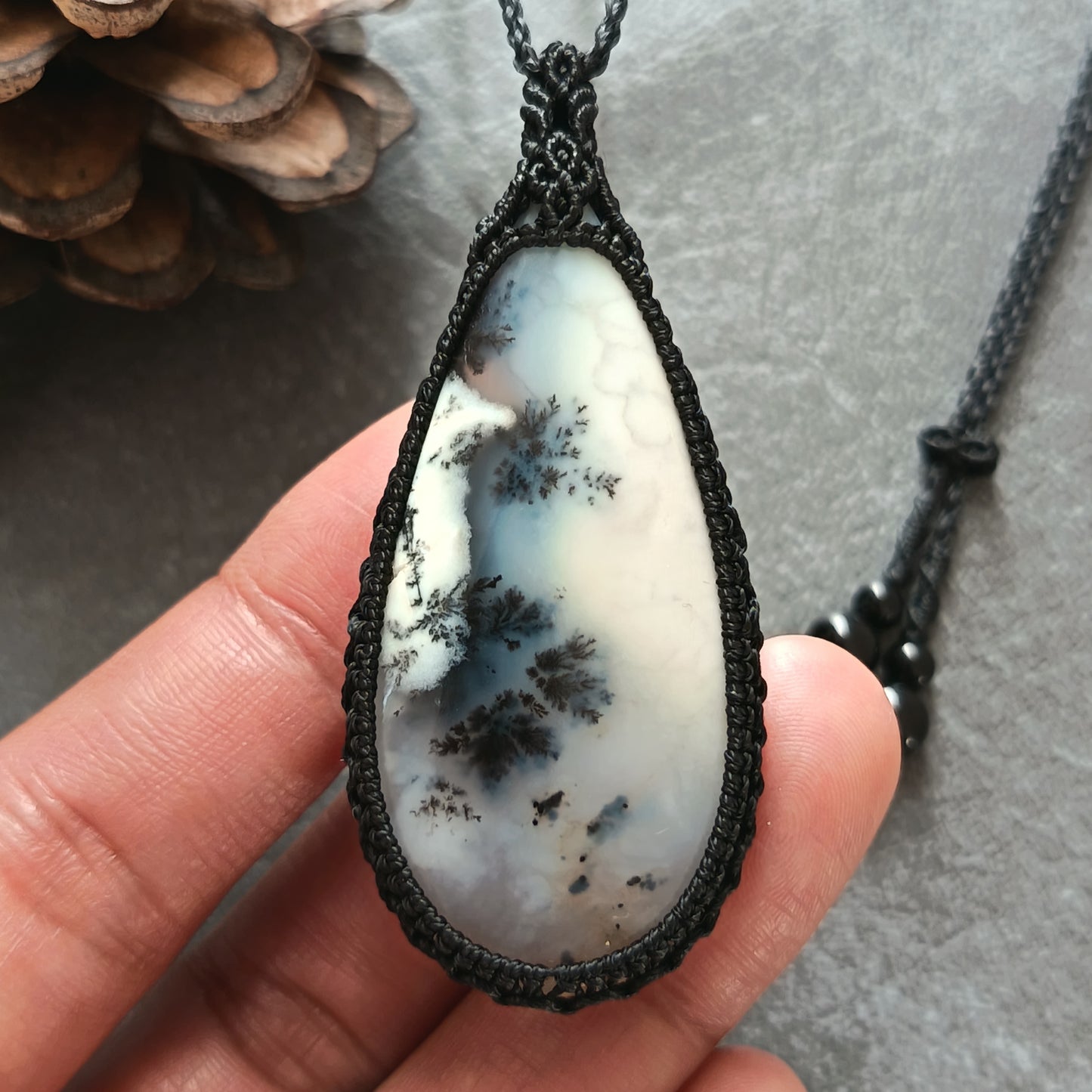 Dendritic Opal Macrame Necklace | Pendant size approx 6.3 cm