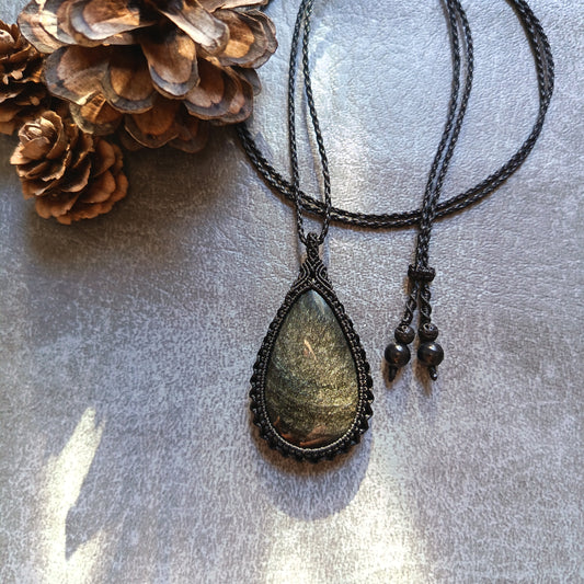 Golden Sheen Obsidian Macrame Necklace | Pendant size 5.4 cm