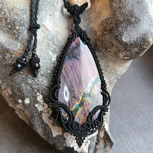 Purple Labradorite Macrame Necklace | Freehand Design | Pendant size approx 9.4 cm
