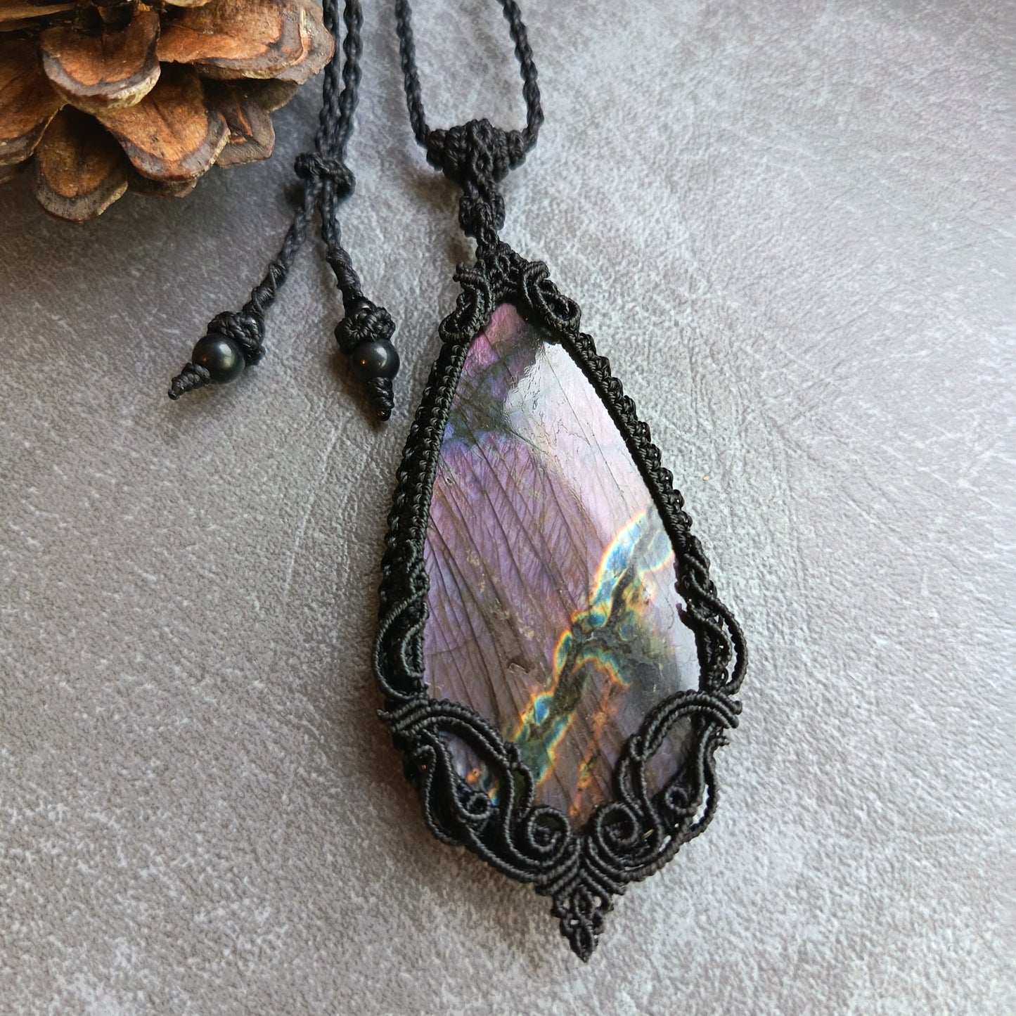 Purple Labradorite Macrame Necklace | Freehand Design | Pendant size approx 9.4 cm