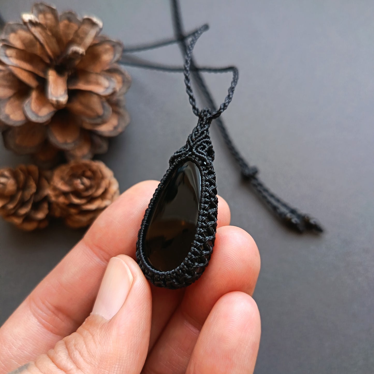 Black Onyx Macrame Necklace | Pendant size approx 4.8 cm