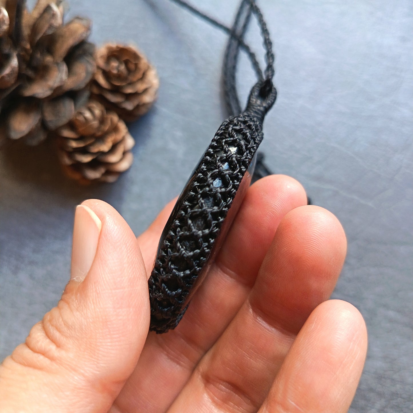 Arfvedsonite Macrame Necklace | Pendant size approx 7 cm