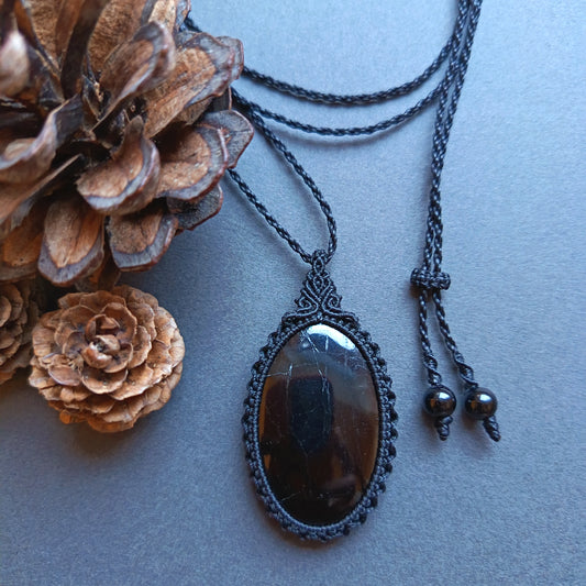 Black Tourmaline Macrame Necklace | Pendant size approx 5.3 cm