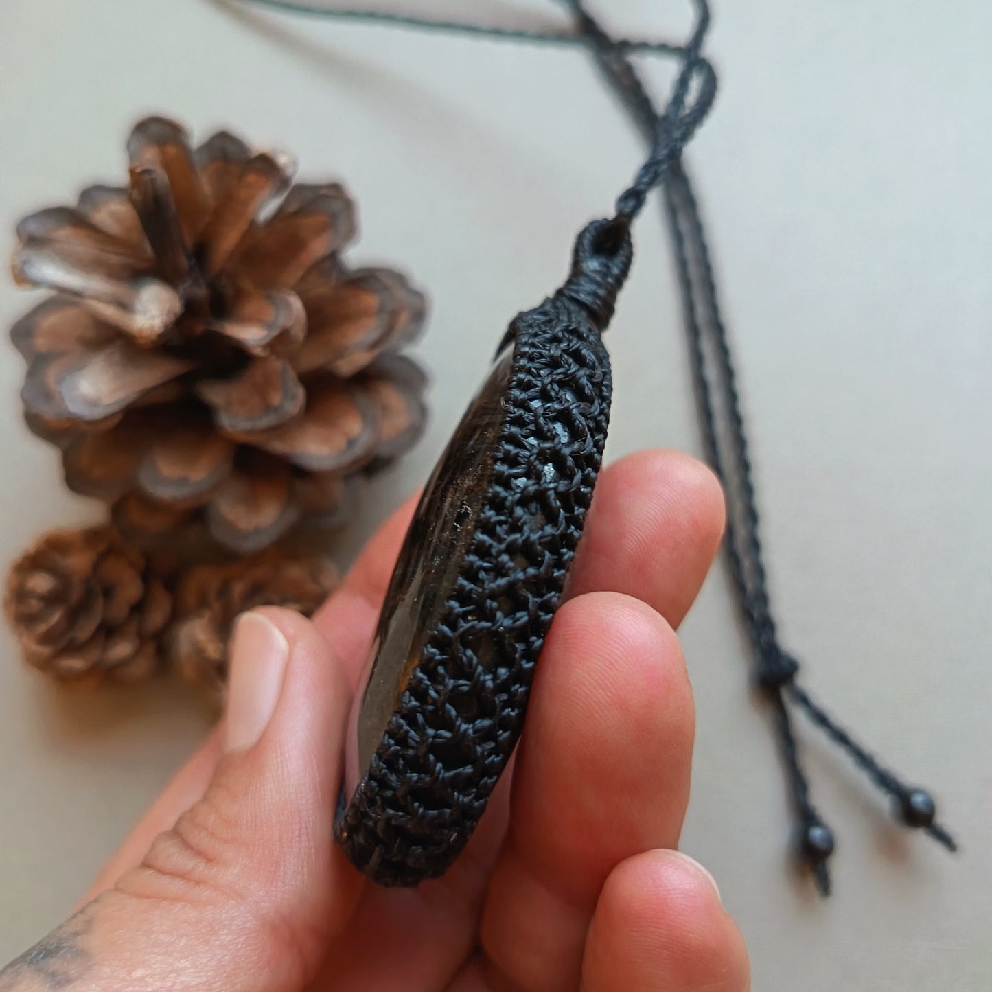 Arfvedsonite Macrame Necklace | Pendant size approx 7 cm