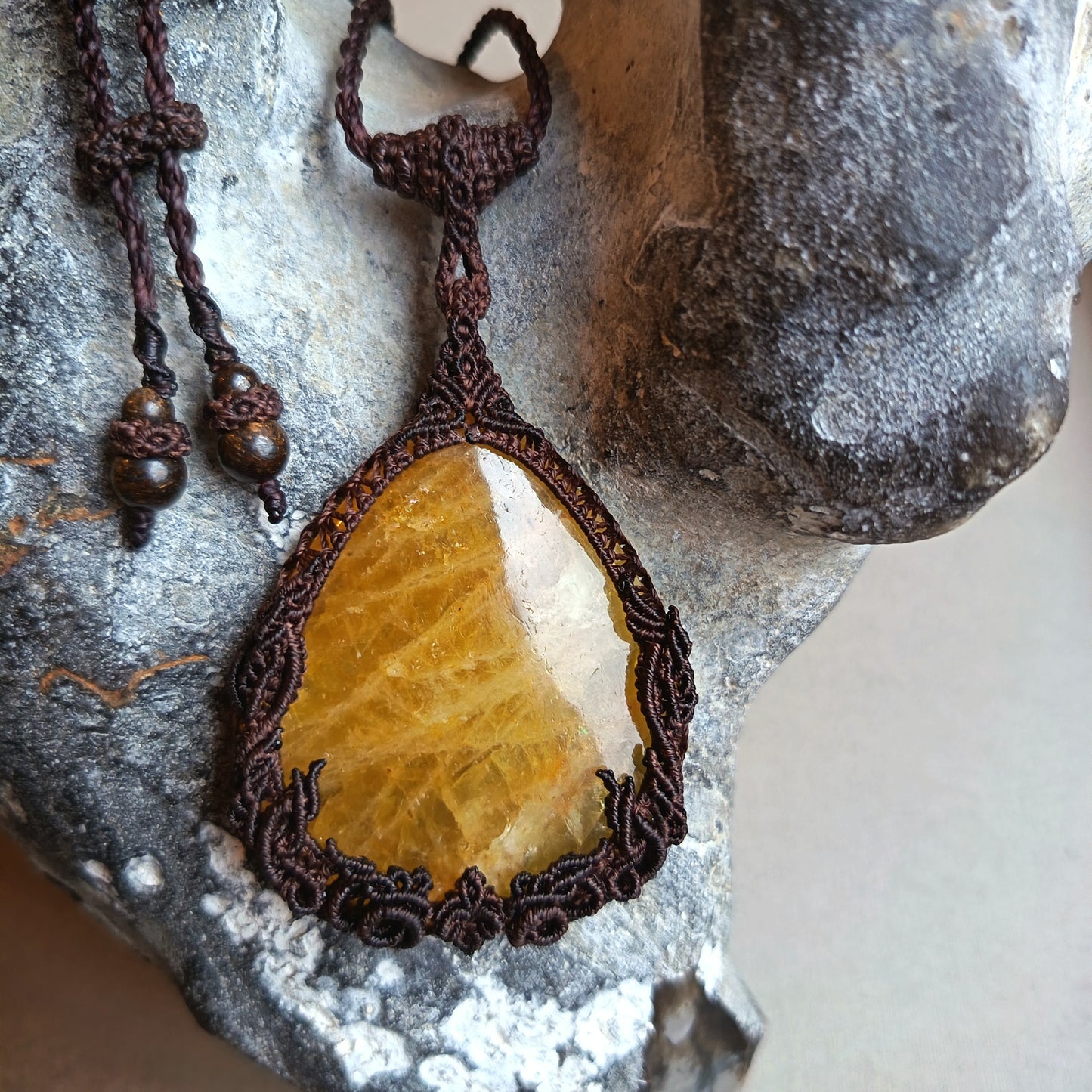 Tawan | Yellow Beryl (Golden Beryl / Heliodor) Macrame Necklace | Freehand Design | Pendant size approx 6.4 cm - SOLD