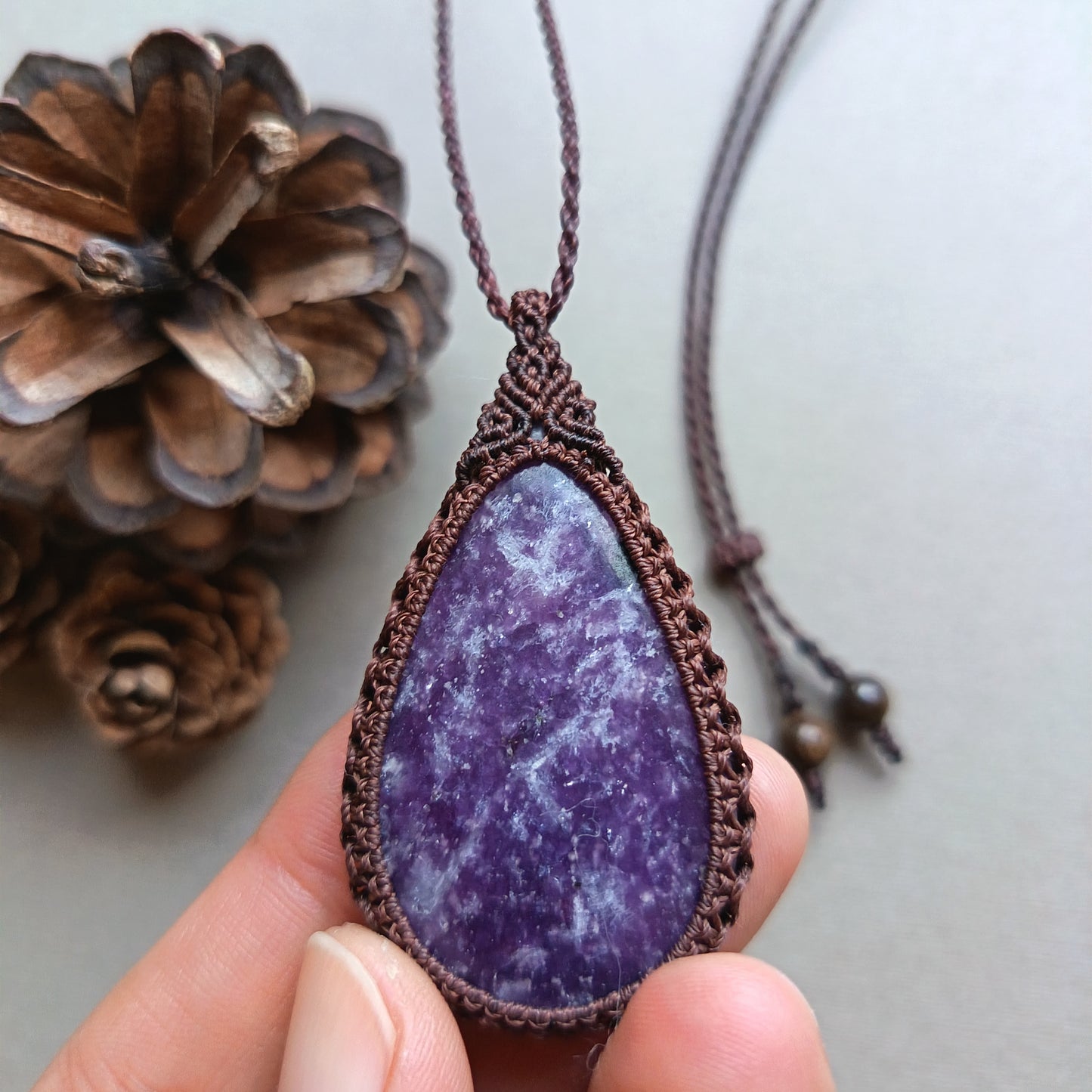 Lepidolite Macrame Necklace | Pendant size approx 5.6 cm