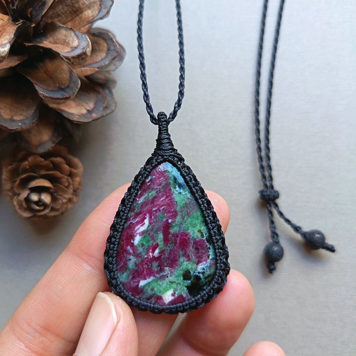 Ruby Zoisite Macrame Necklace | Pendant size 4.9 cm