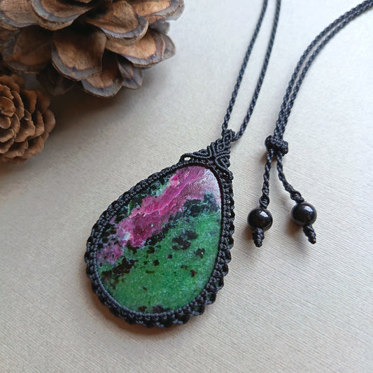 Ruby Zoisite Macrame Necklace | Pendant size approx 5.6 cm
