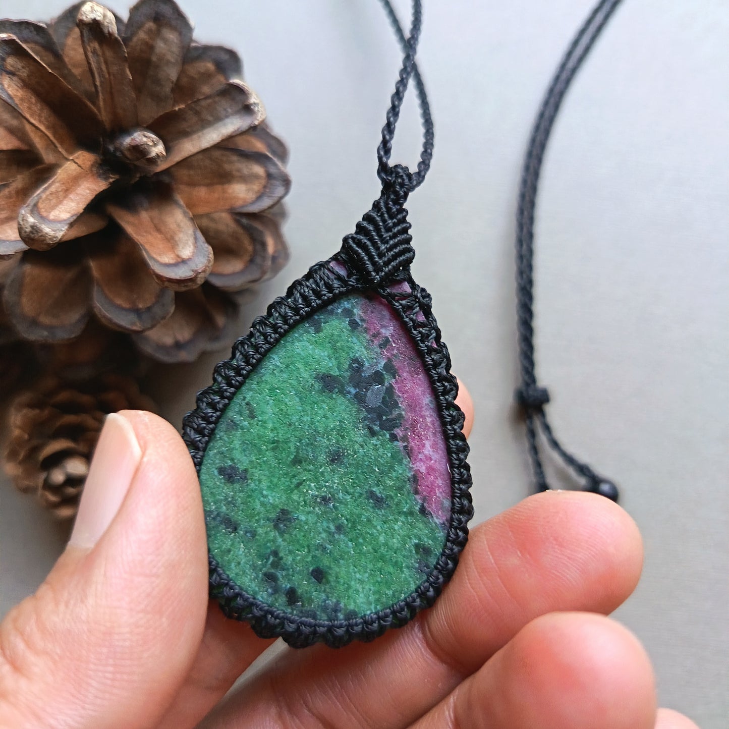 Ruby Zoisite Macrame Necklace | Pendant size approx 5.6 cm