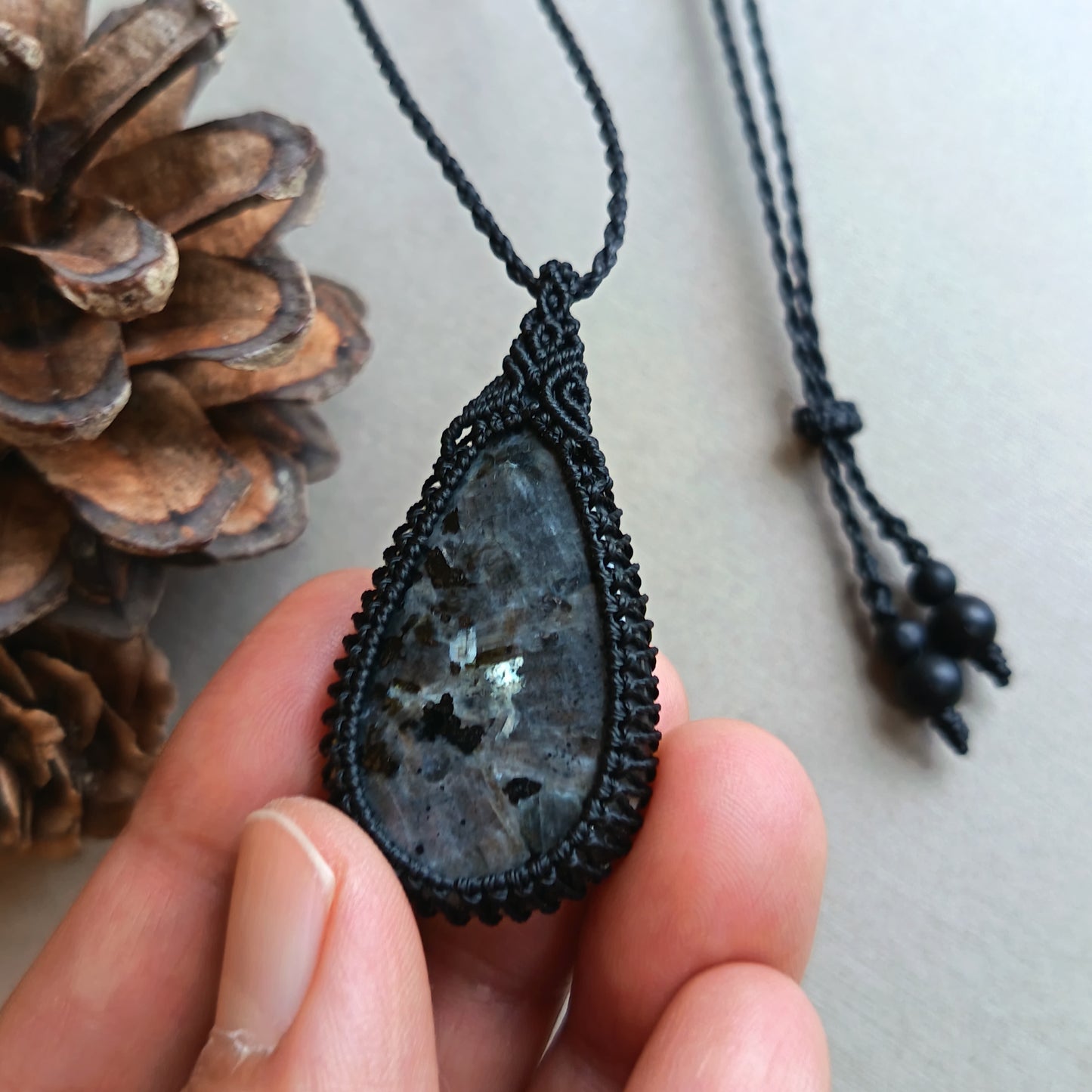 Larvikite Macrame Necklace | Pendant size approx 4.8 cm
