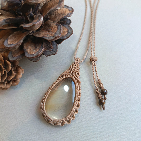Golden Rutile Quartz Macrame Necklace | Pendant size 4.7 cm