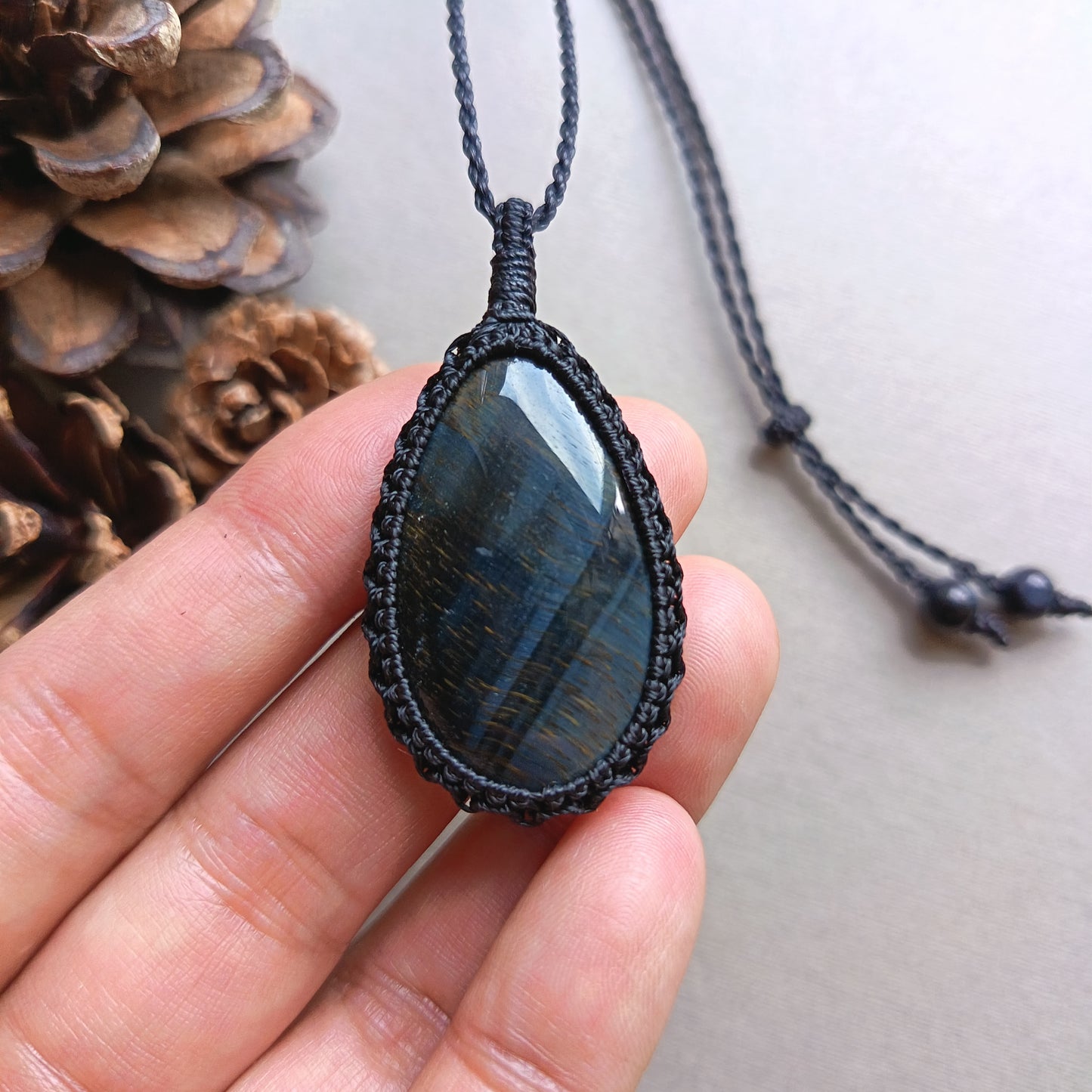 Blue Tiger's Eye Macrame Necklace | Pendant size approx 4.9 cm