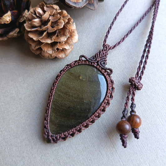 Golden Sheen Obsidian Macrame Necklace | Pendant size 6 cm