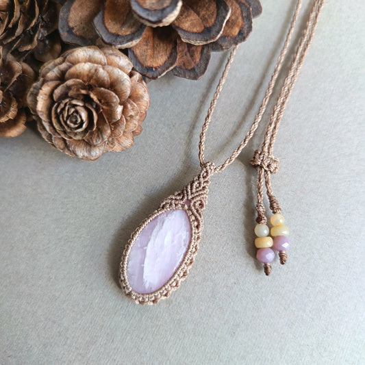 Kunzite Macrame Necklace | Pendant size approx 3.8 cm