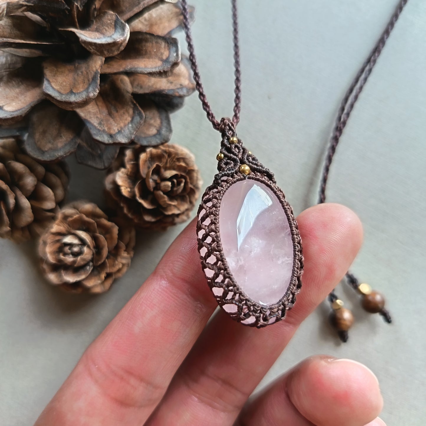 Rose Quartz Macrame Necklace | Pendant size approx 4.3 cm