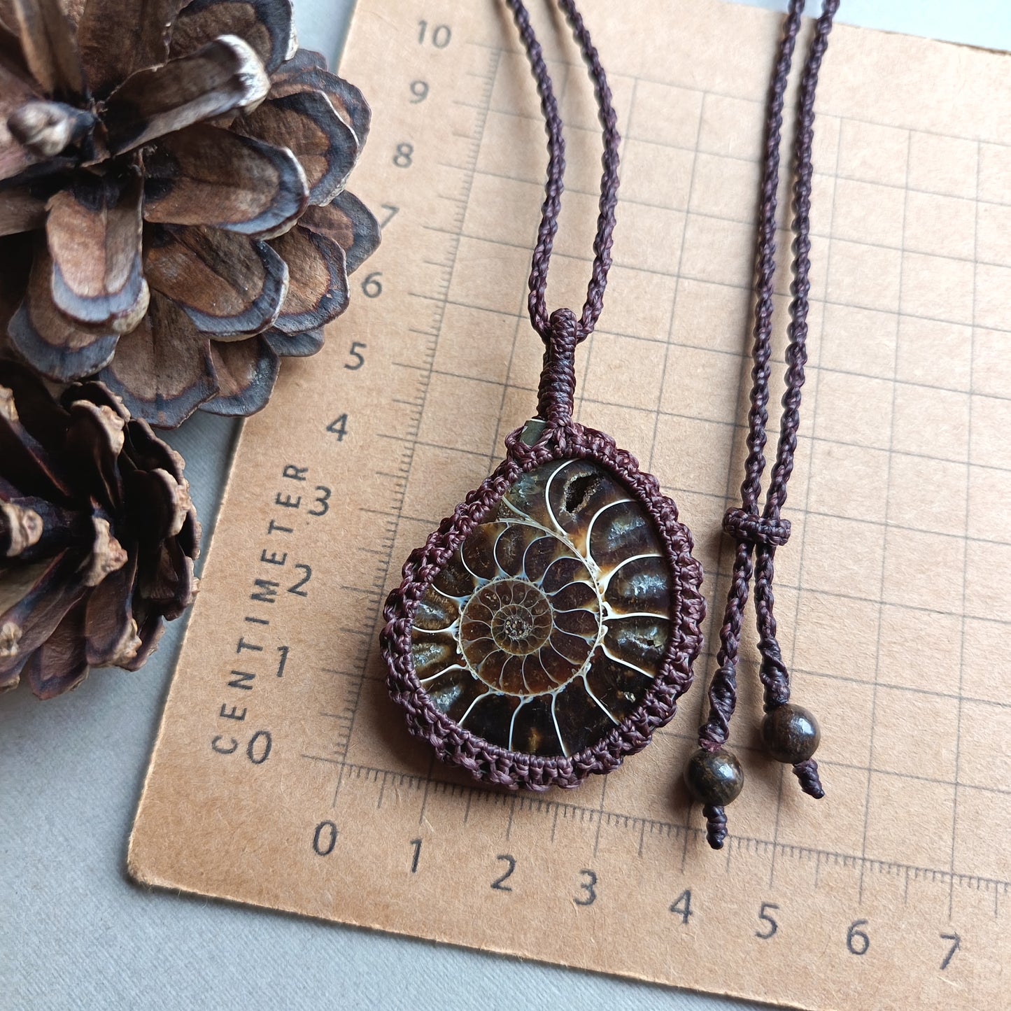 Ammonite Fossil Macrame Necklace | Pendant size 5.6 cm