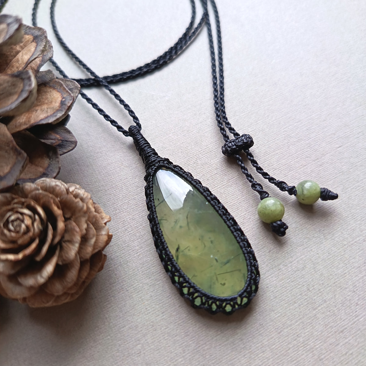 Prehnite Macrame Necklace | Pendant size 5.5 cm