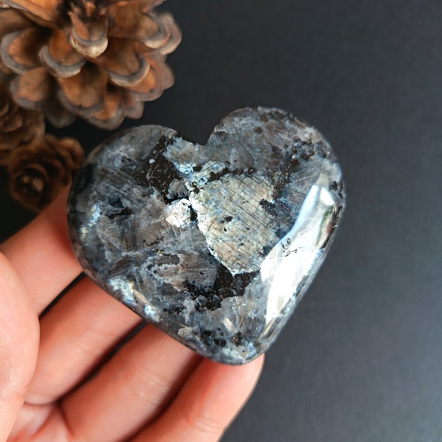 Larvikite, Heart Shape, Palm Stone, 54x59x14 mm, 66g [PALM-R03]