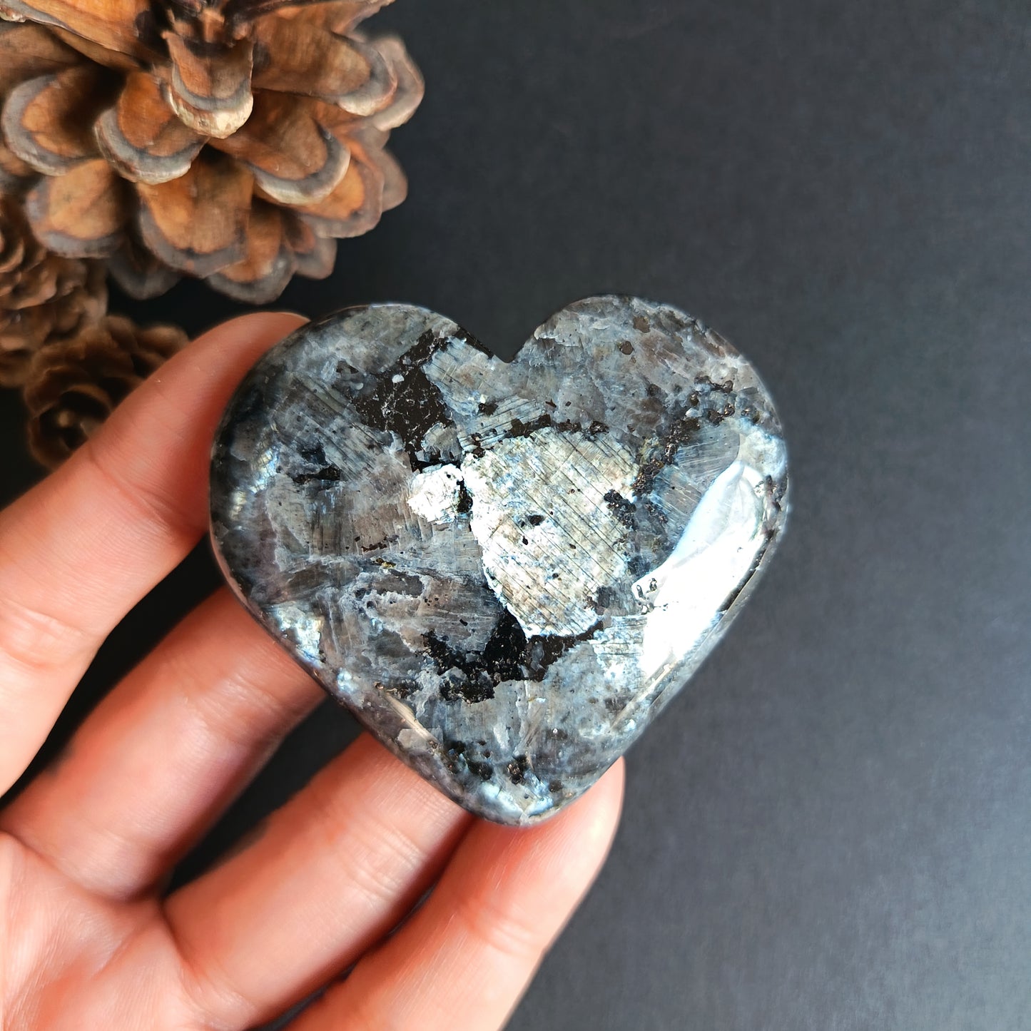 Larvikite, Heart Shape, Palm Stone, 54x59x14 mm, 66g [PALM-R03]