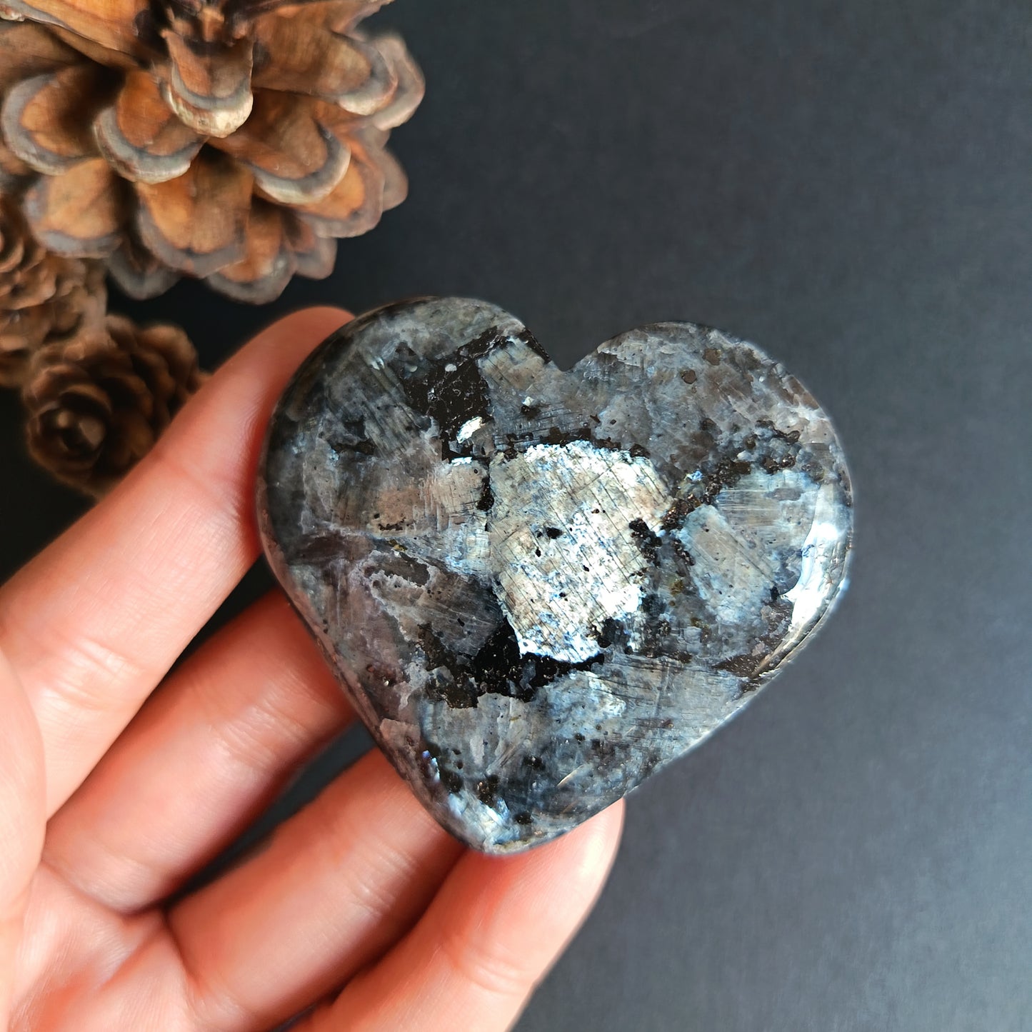 Larvikite, Heart Shape, Palm Stone, 54x59x14 mm, 66g [PALM-R03]